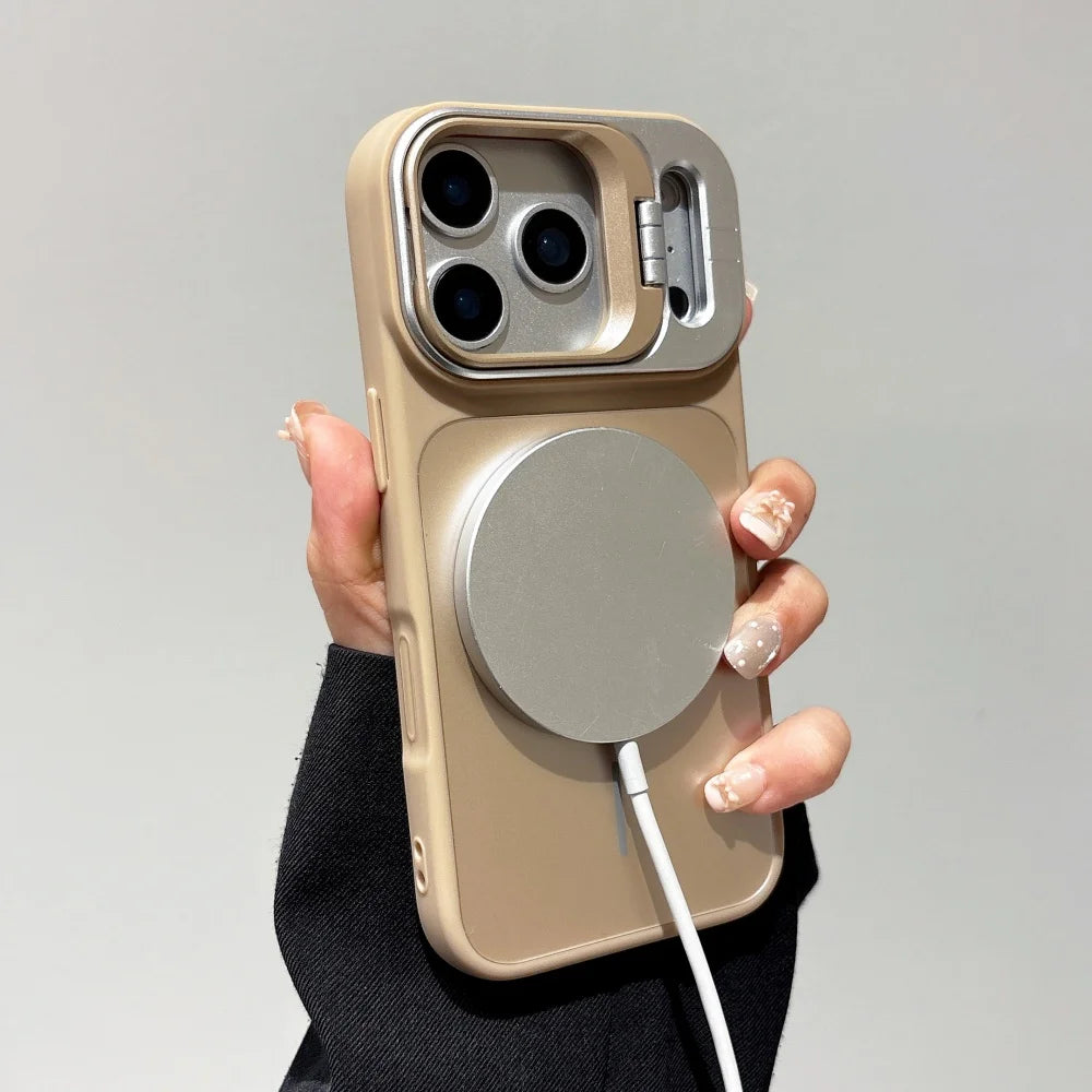 Alloy Lens Camera Holder Cases For iPhone 17 16 15 14 13 12 11 Pro Max For Magsafe  Magnetic Stand Hard PC Wireless Charge Cover
