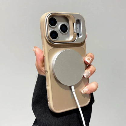 Alloy Lens Camera Holder Cases For iPhone 17 16 15 14 13 12 11 Pro Max For Magsafe  Magnetic Stand Hard PC Wireless Charge Cover