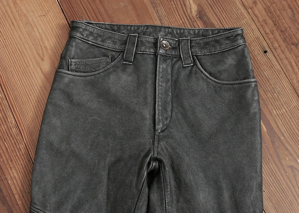 Men's Vintage Gray Black Motorcycle Style Trousers Genuine Thick Cowhide Biker's Pants Real Natural Leather Skinny Pants 4XL