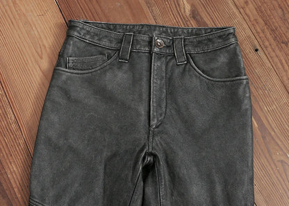 Men's Vintage Gray Black Motorcycle Style Trousers Genuine Thick Cowhide Biker's Pants Real Natural Leather Skinny Pants 4XL