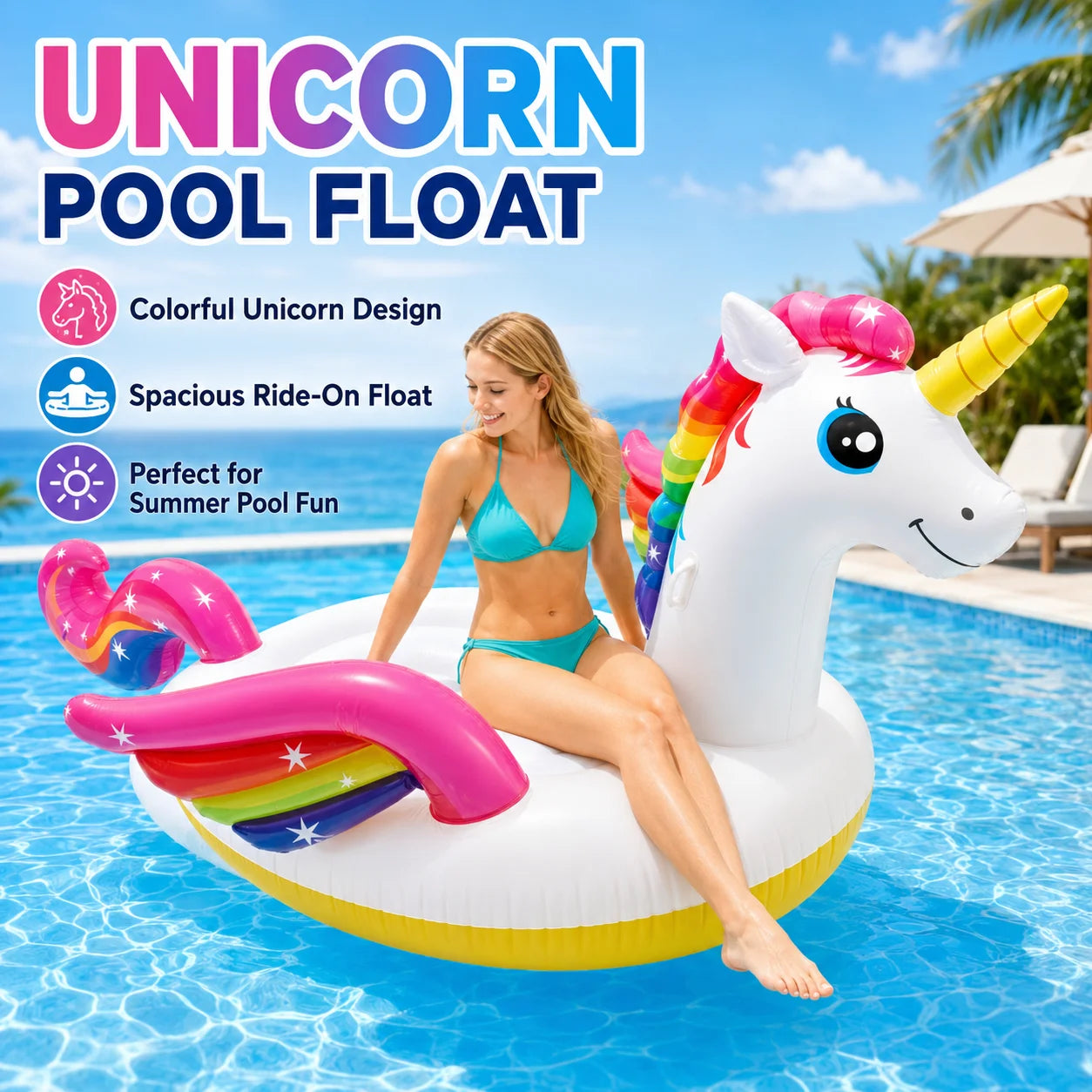 INTEX Mega Unicorn Inflatable Pool Float Large Ride-On Swimming Island Rainbow Unicorn Water Lounger for Adults Summer Pool Party