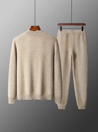 100% Merino Wool Two-piece Suit for Men Autumn Winter Knitting Zipper Cardigan and Slim-fit Pants Warm Thickened Clothing Sets