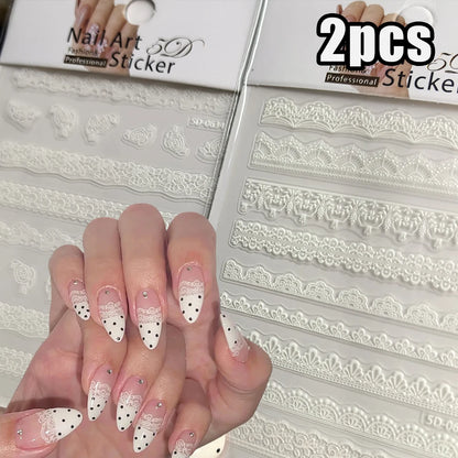 2pcs Y2K White Lace 5D Nail Art Stickers White Embossed Flowers Petals Elegant French Decals Wedding Nails Manicure Decorations*