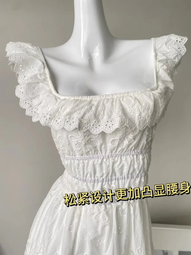 White Embroidered Hollow Out Dress For Women'S Summer Strapless Square Neck With A Unique Open Back Design, Slim Fit Long Skirt