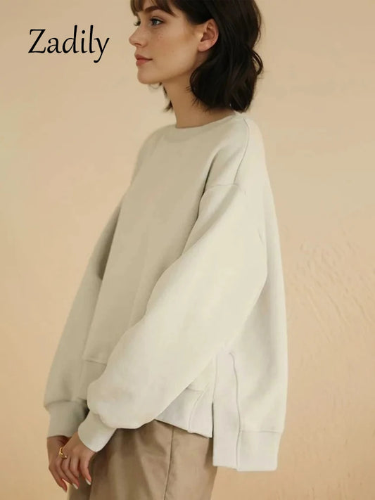 2024 Autumn Minimalist Long Sleeve Women Loose Hoodies Casual O Neck Solid Color Oversize Pullovers Female Clothing Tops