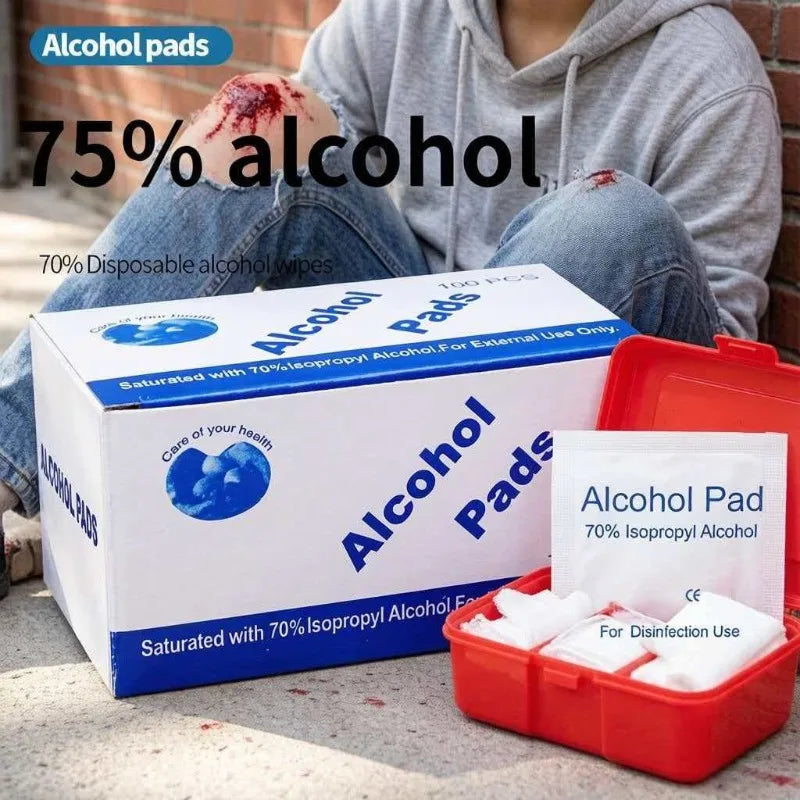 First aid box essential, 75% alcohol swabs 100 pieces per pack, skin wound disinfection and cleaning supplies