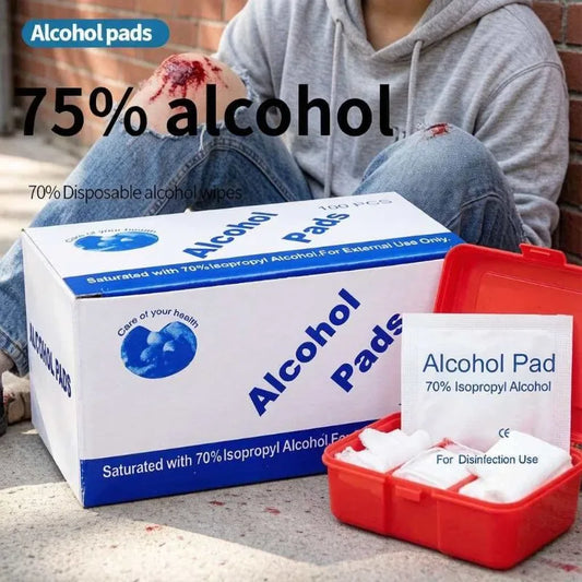 Pirmosios pagalbos vaistinėlės reikmenys, 75 % alkoholio servetėlės, 100 vnt. pakuotėje, odos žaizdų dezinfekavimo ir valymo priemonės