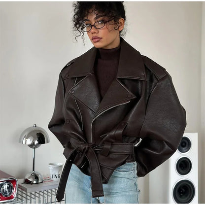 Retro Brown Lace Up Lapel Leather Jacket Women Fashion Zipper Pocket Full Sleeve Short Coat 2025 New Autumn High Street Outwears
