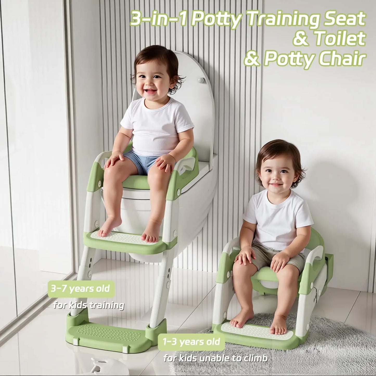 2-in-1 Toddler Toilet Ladder Seat – Adjustable Potty Training Seat with Non-Slip Steps & Anti-Slip Pads, Foldable for Boys & Girls, Bathroom Toilet Trainer (Grey Green Purple)