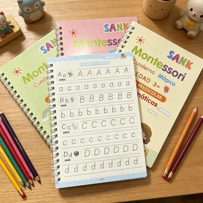 4 Books Spanish Montessori Magic Practice Copybook Set Reusable Handwriting Tracing Workbook Alphabet Number Math Drawing
