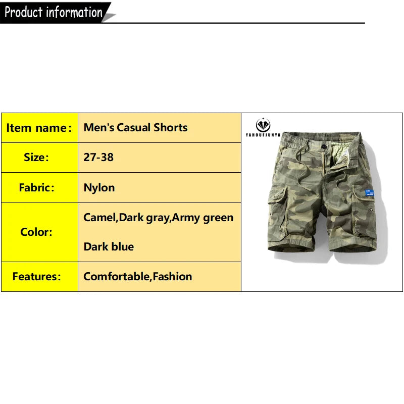 New Men Summer Outdoor Leisure Camouflage Comfortable Shorts Men Elastic Waist Loose Straight High-Quality Design Shorts Male