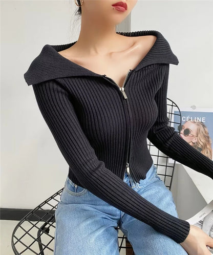 LUNDUNSHIJIA 2026 New Autumn Women Elegant Thickened Zipper Sweaters For Women Rose Red Fashion Short Female Cardigan 4 Colors