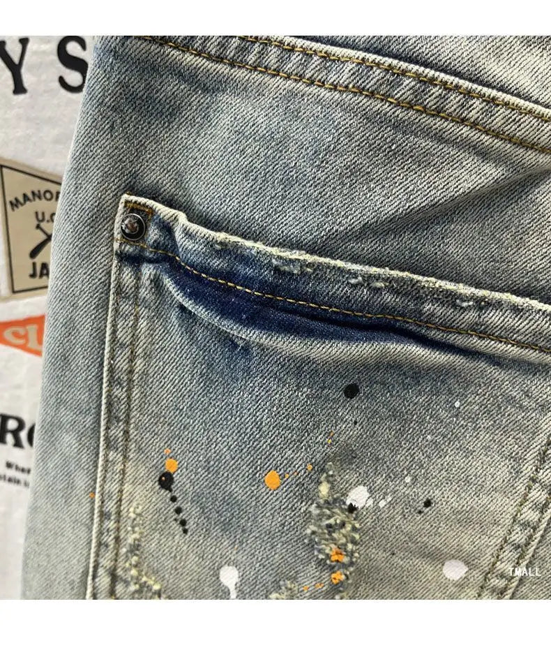 Summer Trendy Brand Handsome Denim Shorts Men's Washed Embroidered Patch Trendy Short Pants Ripped Slim-fit Elastic Middle Pants