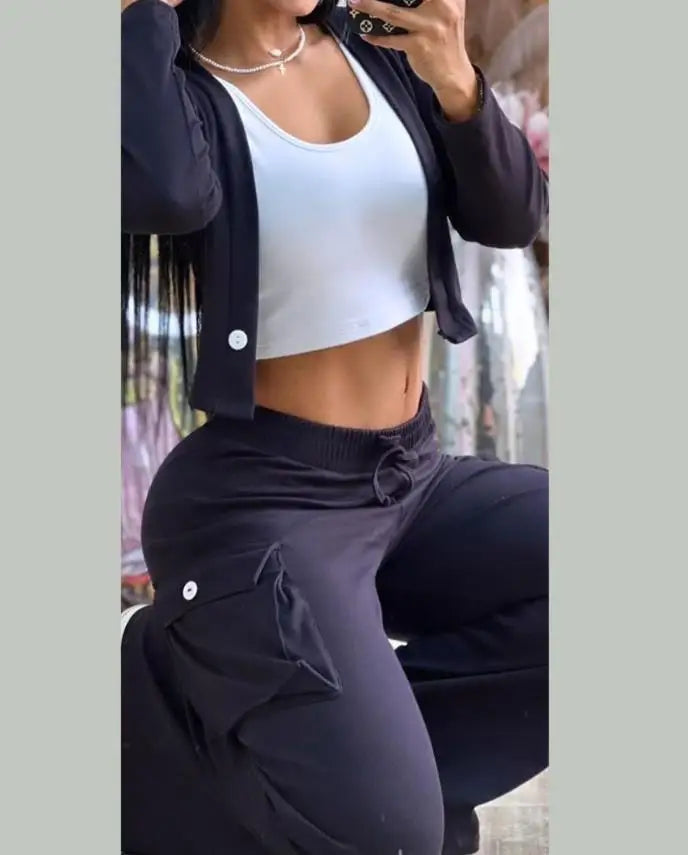 Autumn Fashionable And Elegant Solid Color Women's Suit Long-sleeved V-neck Short Coat Pocket Wide-leg Drawstring Trousers Suit