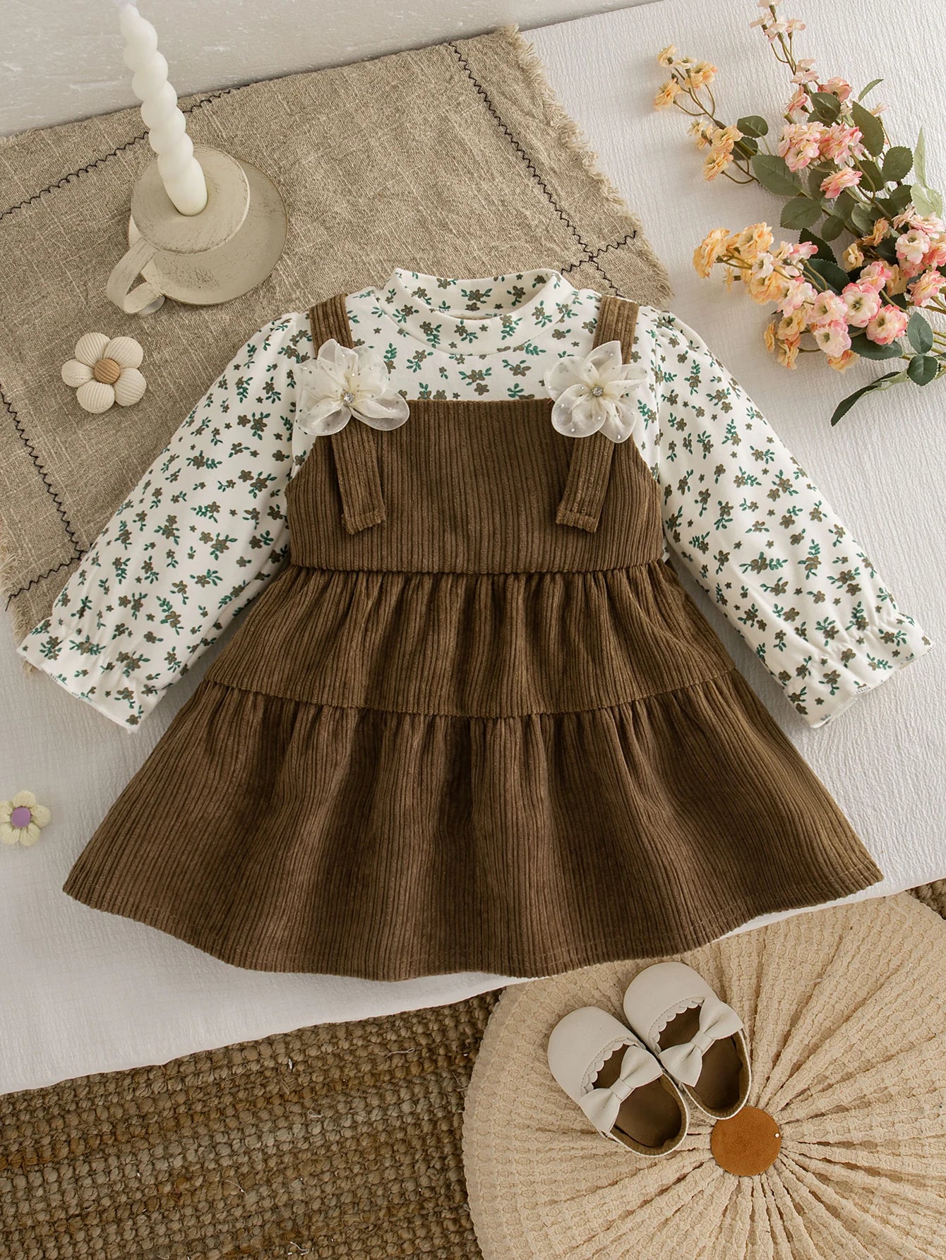 Retro Floral Print Toddler Baby Dress Long Sleeve Casual Outfit Baby Girls Daily Play Clothes Comfortable Baby Wear