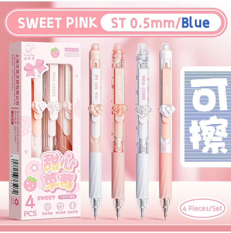 4 Pcs/Set Creative Pull-Type Erasable Gel Pens Blue Ink 0.5mm ST Erasable Pen for School Student Exam Writing Stationery