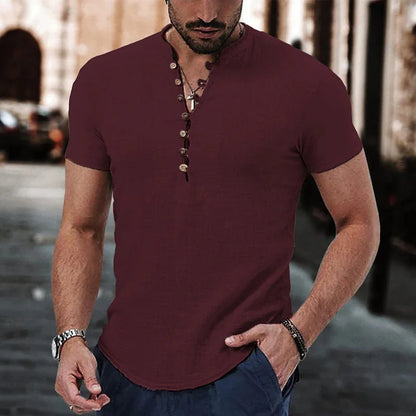 New Men's Short Sleeve Tshirt V neck button Cotton Linen Shirt Men's Casual Clothes Popular Tops for Men