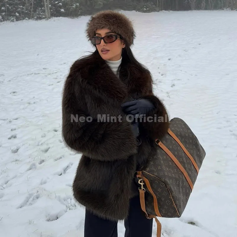 Neo Mint Chic Brand Fashion Brown Belted Faux Fur Coat Women 2025 Winter Thick Warm Long Fox Fur Jacket Girls Furry Overcoat