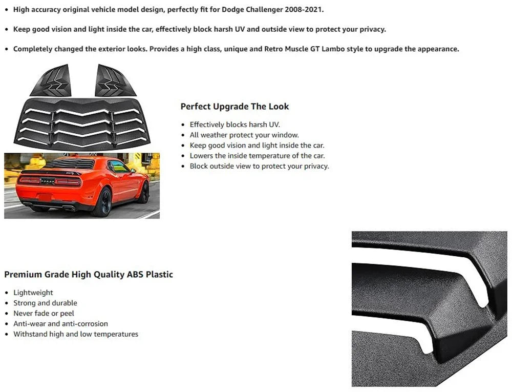 Rear+Side Window Louvers for Dodge Challenger 2008-2023 Windshield Sun Shade Cover Vent GT Lambo Style Custom ABS Matte Style