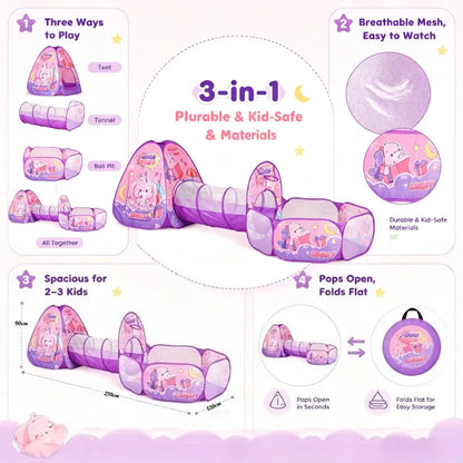 3 in 1 Pink Elephant Kids Play Tent with Crawl Tunnel & Ball Pit, Pop Up Foldable Toddler Playhouse, Breathable Mesh Safe Play Toy Indoor Outdoor Large Space for 2-3 Kids Ages 1-6，Quick Setup & Easy Storage with Carry Bag