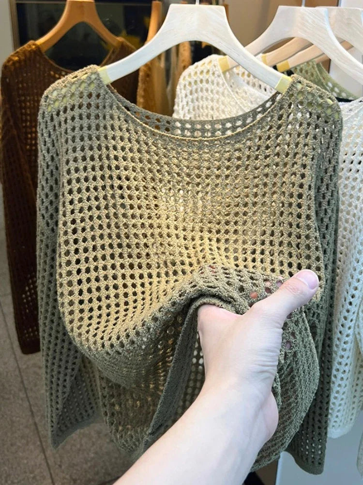 2025 Mesh Vintage Harajuku Long Sleeve Women Sweater Korean Spring Summer Knitwear Soft Thin Tops Chic Solid Femme Sweater
