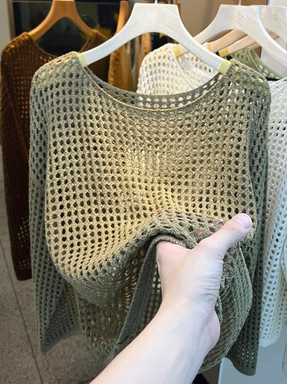 2025 Mesh Vintage Harajuku Long Sleeve Women Sweater Korean Spring Summer Knitwear Soft Thin Tops Chic Solid Femme Sweater