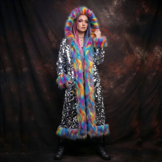 Luxury Rainbow Sequin Faux Fur Coat Women Men Festival Rave Outfit Hooded Long Jacket Colorful Burning Man Party Stage Performan