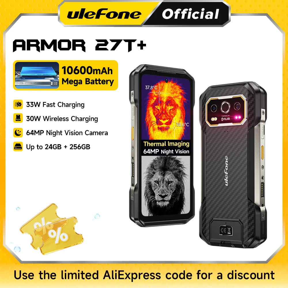 Ulefone Armor 27T 4G 10600mAh Rugged Phone Android 15 Smartphone 24GB +256GB  6.78"FHD+ 120Hz 64MP Night Vision Camera NFC