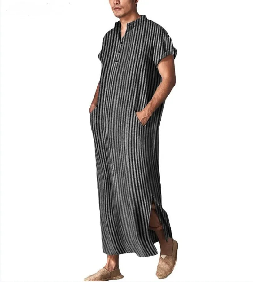 Fashion Men's Islamic Arabic Kaftan Striped Short Sleeve V Neck Casual Pockets Muslim Robes Saudi Arabia Dubai Jubba Thobe robes