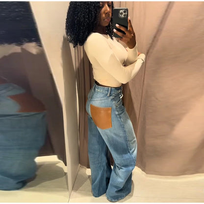 Female Vintage Leather Pocket Jeans Women Blue Zipper Straight Loose Trousers Lady New Fashion Daily Casual Spring Pants 2026