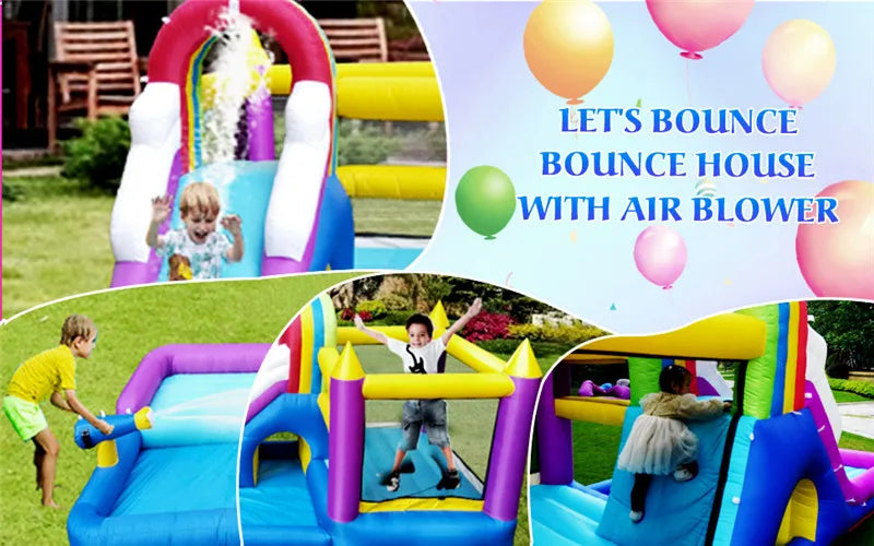Inflatable Water Slide Bounce House Children Splash Pool Rainbow Castle Kids Outdoor Backyard Water Park with Air Blower