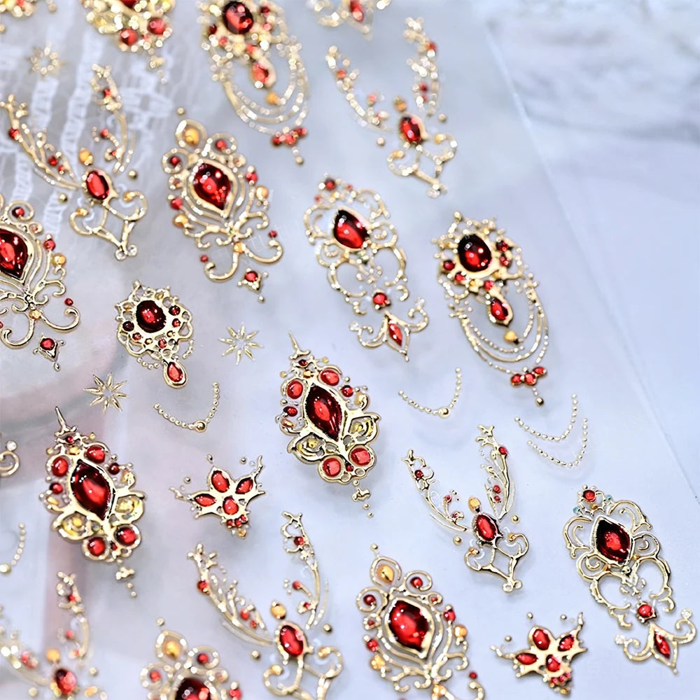 5D Embossed Emerald Gemstones Nail Art Stickers Luxury Golden Frame Baroque Flower Nail Decals Green Rhinestones Nail Supplies