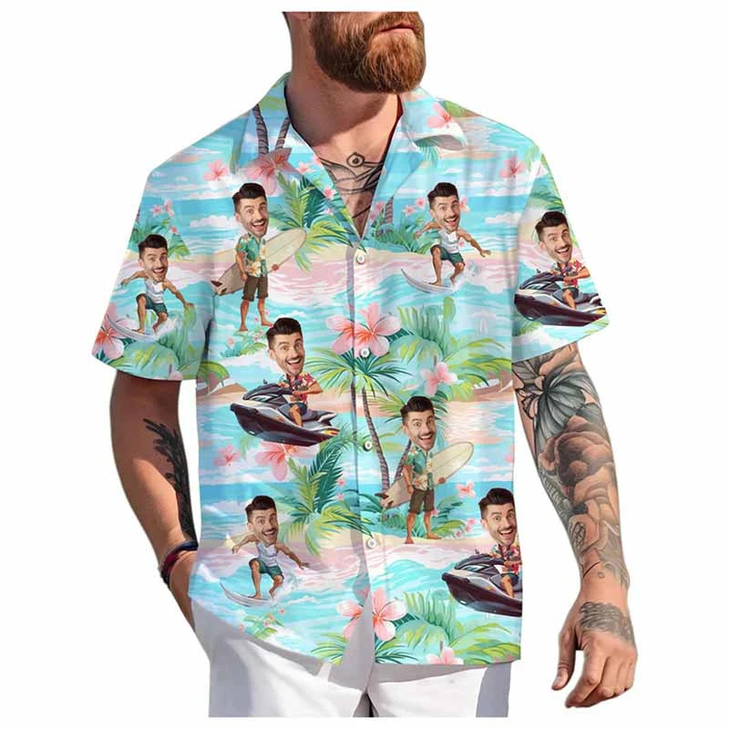 Custom Face Hawaiian Shirt Unisex Funny Personalized 3D Printed Button Shirts 2025 Beach Short Sleeves Lapel Shirts DIY Blouses