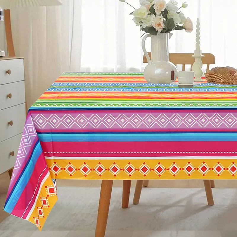 Mexican Stripes Plastic Tablecloth Holiday Party Decor Day of The Dead Waterproof Rectangle Tablecloth Mexican Fiesta Decoration