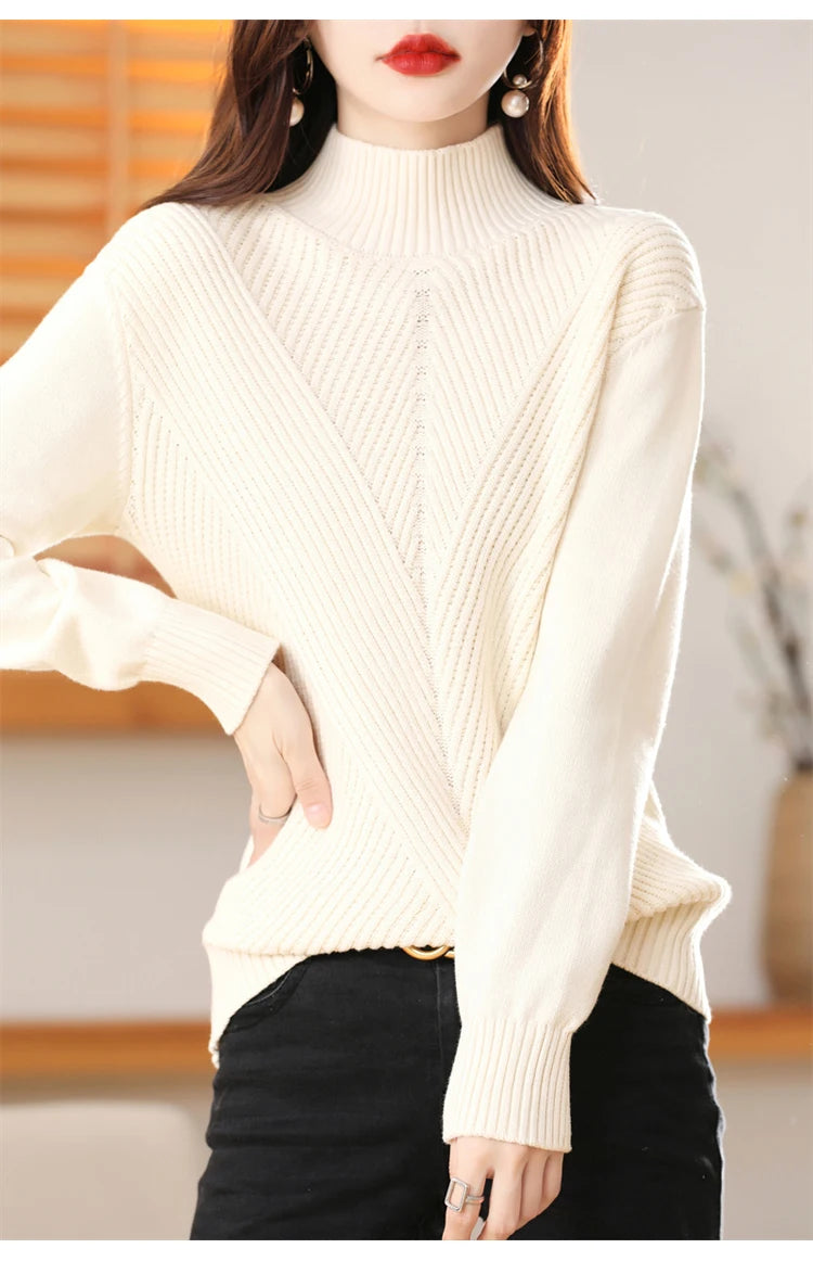 Women 100% Cotton Knit Sweater Half-high Collar Stripe Pullover Autumn Winter Thickened Bottoming Clothing Casual Knitted Tops