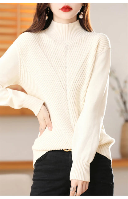 Women 100% Cotton Knit Sweater Half-high Collar Stripe Pullover Autumn Winter Thickened Bottoming Clothing Casual Knitted Tops