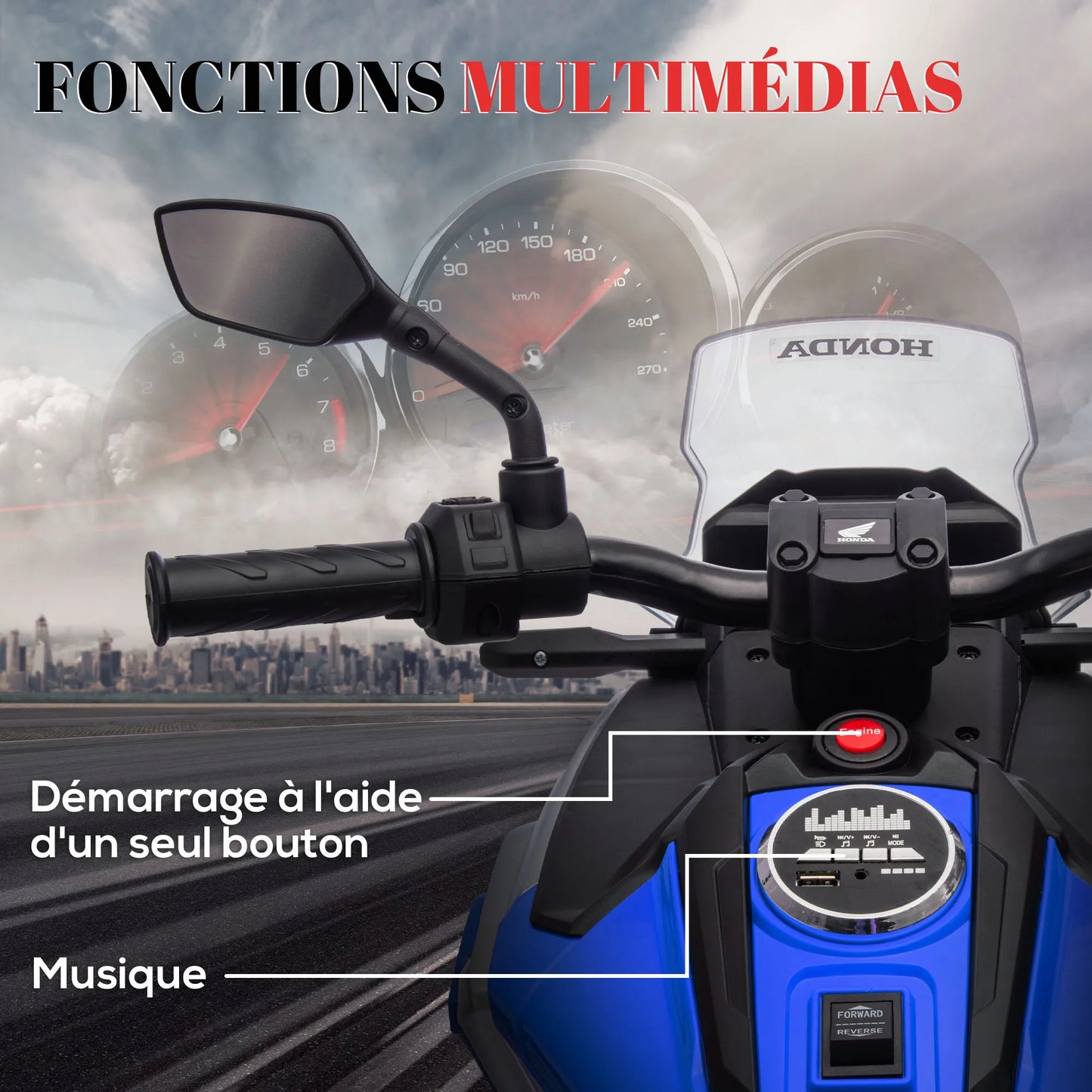The electric motorcycle for children is equipped with two engines. Children aged 3 to 6 years can drive the motorbike with music and head. The size is 107x46x75cm and the load is 30kg.