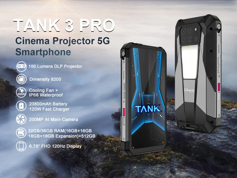 Unihertz Tank 3 Pro 8849 Rugged Smartphone Android 5G with 100 Lumens Projector 32/36GB 512GB 23800mAh Waterproof 200MP Phones