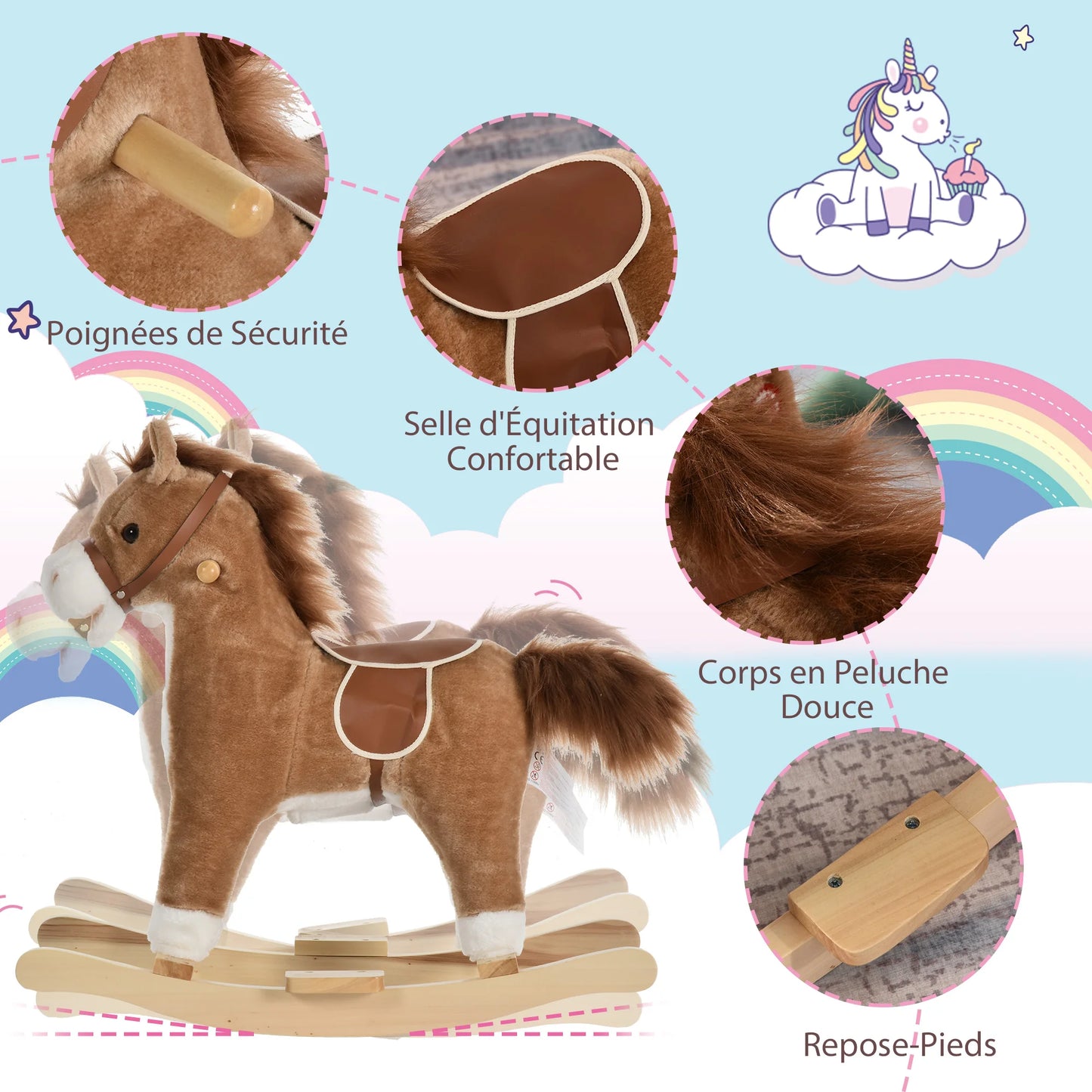 Children's Rocking Horse, Comfortable and Soft, Short Plush, Poplar, Brown, 65 L X 32.5 L X 61 H cm, Children's Rocking Horse, Toy Rocking Horse, Riding Rocking Horse, Children's Toy Rocking Horse