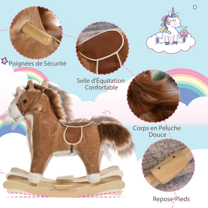 Children's Rocking Horse, Comfortable and Soft, Short Plush, Poplar, Brown, 65 L X 32.5 L X 61 H cm, Children's Rocking Horse, Toy Rocking Horse, Riding Rocking Horse, Children's Toy Rocking Horse
