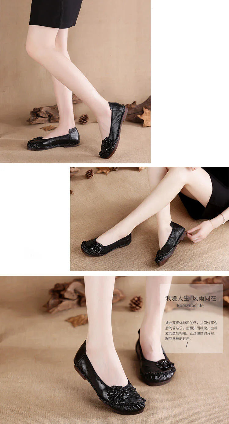 Vintage Flower Moccasins Woman Genuine Leather Ballet Flats Ladies Hollow Slip Ons Women's Luxury Loafer Purple Walking Shoes 42