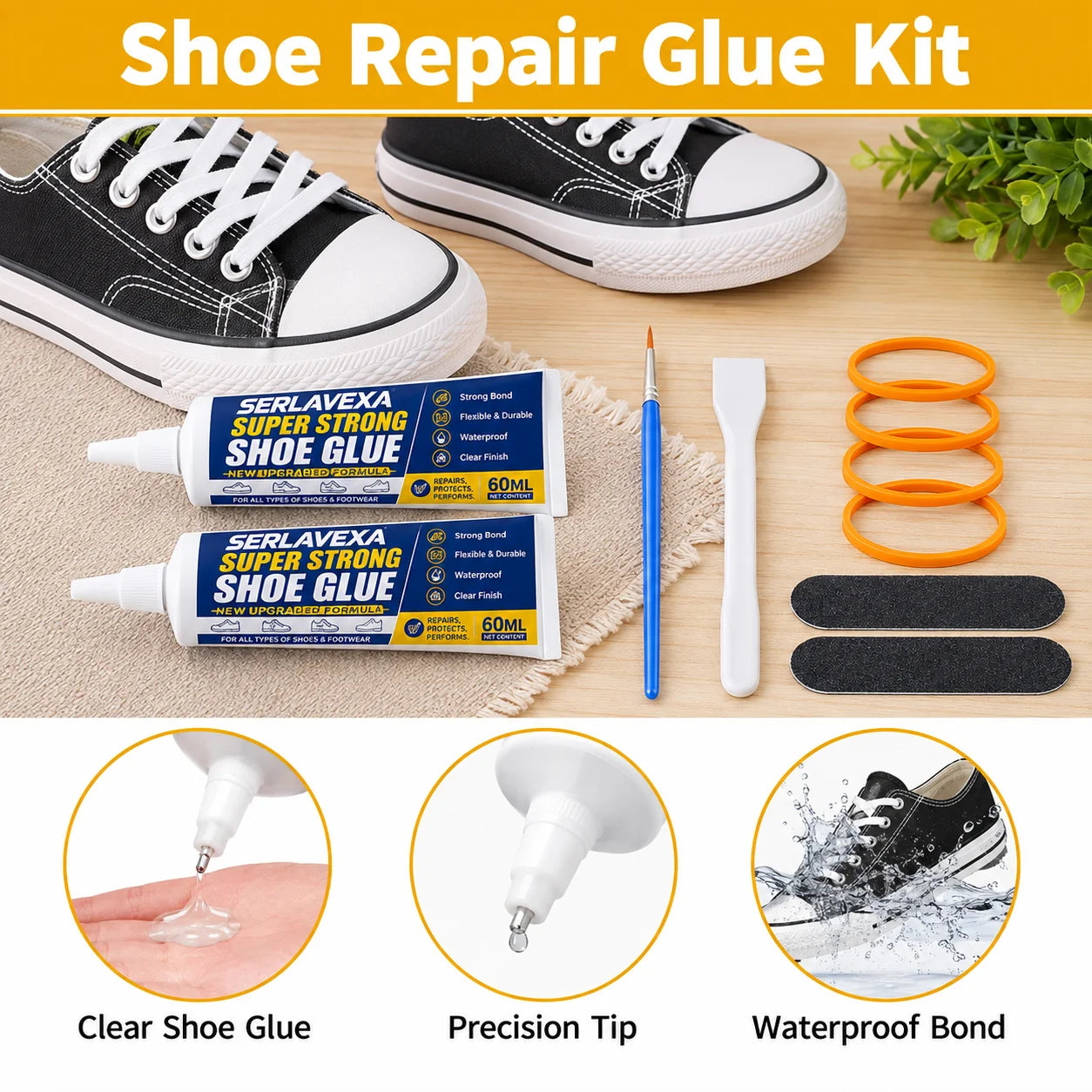 2PCS 60ml Shoe Sole Adhesive Repair Kit with Applicator Tools for Sneakers Boots Leather Rubber Canvas Flexible Footwear Fix