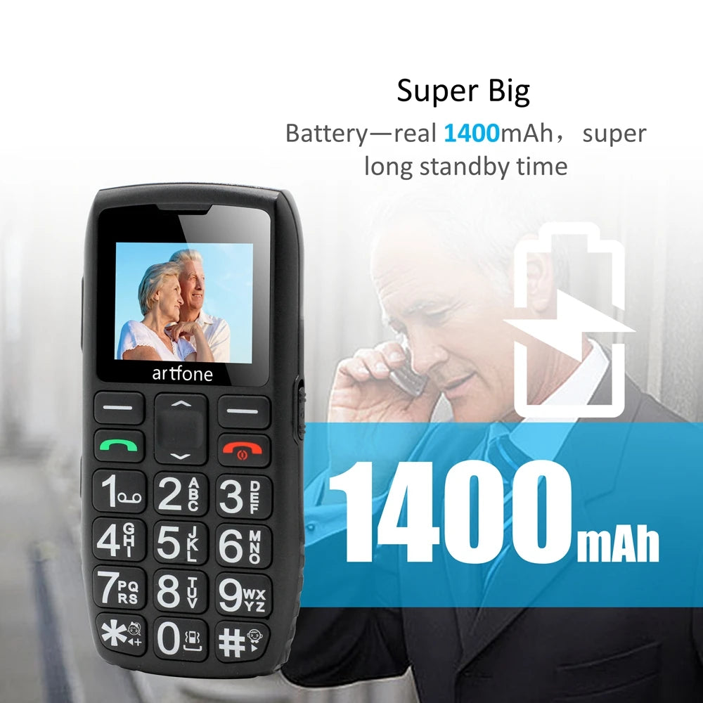 Artfone C1+ Bar Senior Mobile Phone With Free Charging Dock  Big Rubber Keypad  For Elderly Dual Sim One Key SOS FM 1400mAh
