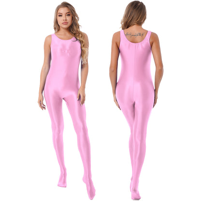 Women's Sleeveless Full Body Bodysuit Glossy Jumpsuit Gymnastics Fitness Swimming Leotard Pole Dance Costume Clubwear Lingerie
