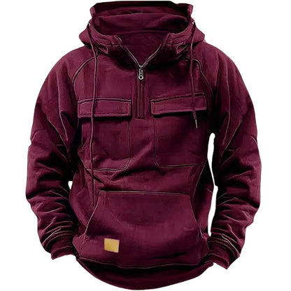 Men's Casual Sports Hooded Sweatshirt New Style Outdoor Thick Fashionable Loose Long-Sleeved Pullover with Multiple Pockets