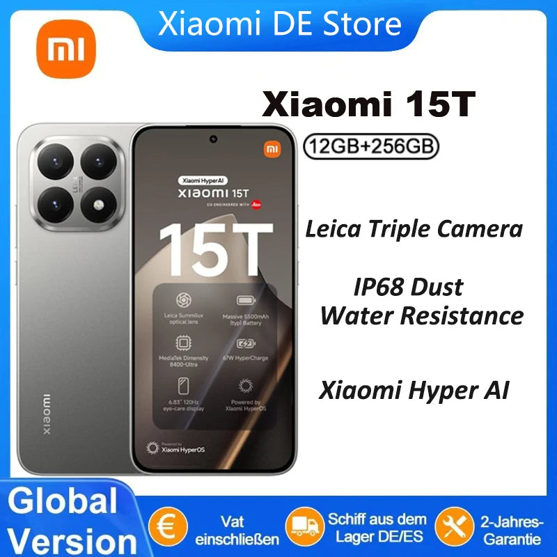 Xiaomi 15T 5G Smartphone Global Version 7.5mm Slim Body 6.83" AMOLED Display 120Hz MTK Dimensity 8400-Ultra CPU 5500mAh Leica Triple Camera Without Charger