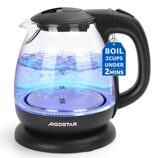 Aigostar Elfin mini borosilikatinis stiklinis virdulys su LED apšvietimu, 2200 W, 1 l talpos, be BPA, greitai užverda, apsauga nuo virimo be vandens