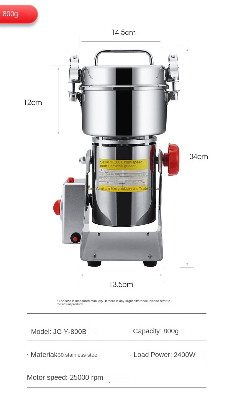 Electric Grain Mill Grinder Stainless Steel Pulverizer Powder Machine for Dry Herbs Grains Spices Cereals Coffee Corn 800G