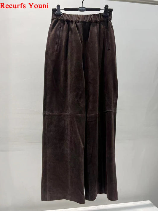 Retro Suede Leather Cropped Pants for Women Femae Genuine Leather Wide Leg Floor Long Trousers Straight Cylinder Spodnie Damskie