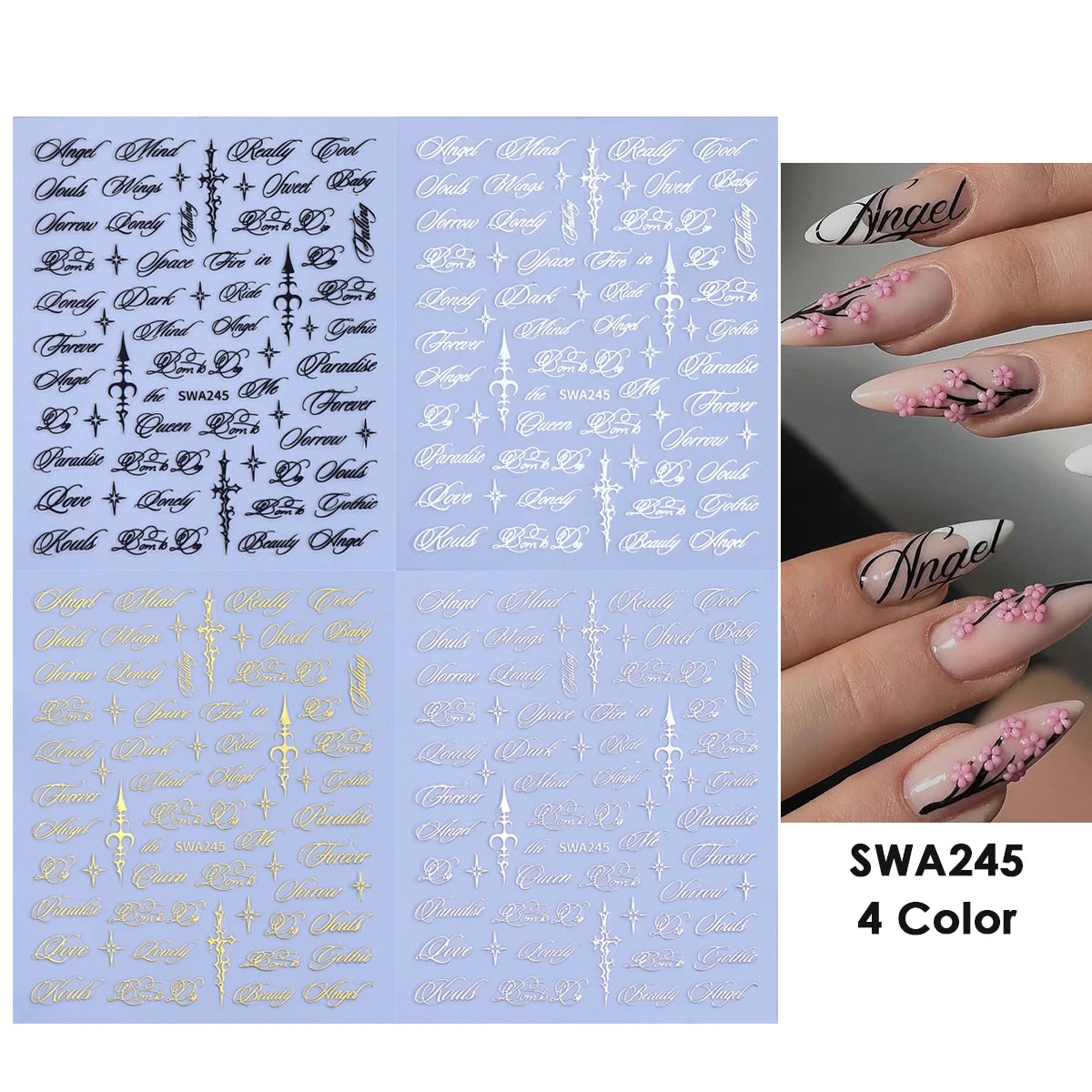 4pcs English Letter Nail Stickers Gothic Style Y2K Cool Design Roman Letter Alphabet Adhesive Nail Decal DIY Manicure Decoration